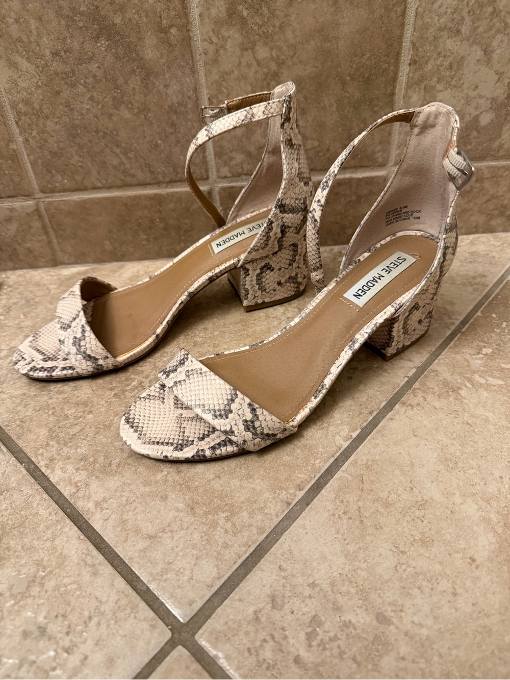 Steve Madden Beige and Gray Snake-Print Ankle-Strap Block Heels